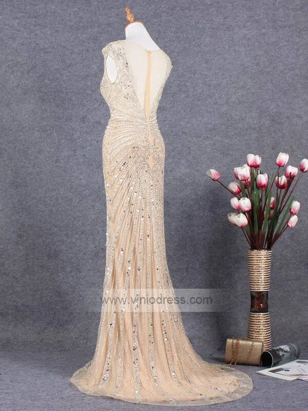 Prom Dress 2025 Champagne Beaded Prom Dresses Pageant Gown FD1433-unique prom dresses-Champagne-Custom Size-Viniodress