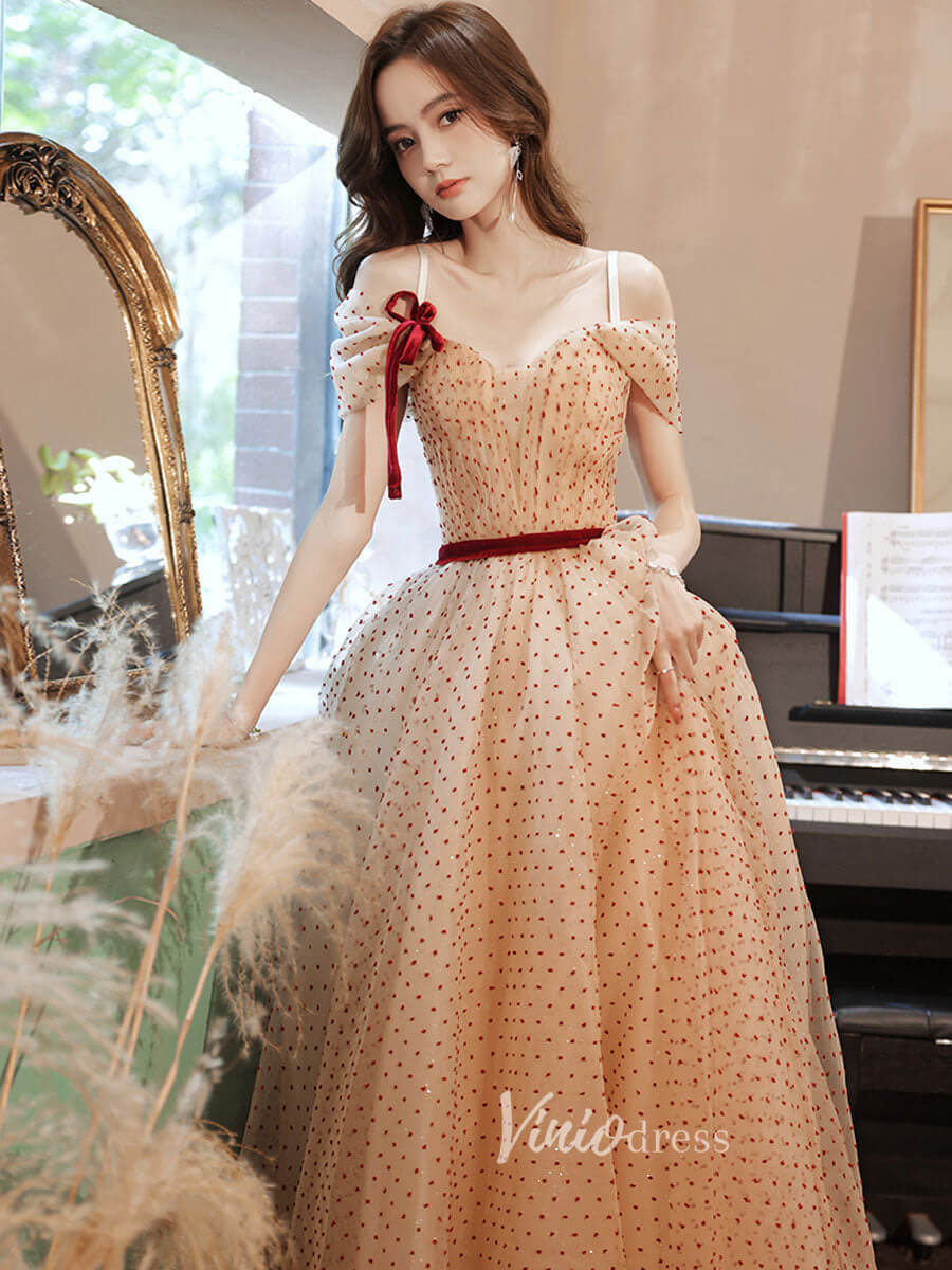 Prom Dress 2025 Champagne Dotted Tulle Prom Dresses Off the Shoulder Evening Dress FD3187-unique prom dresses-Champagne-Custom Size-Viniodress