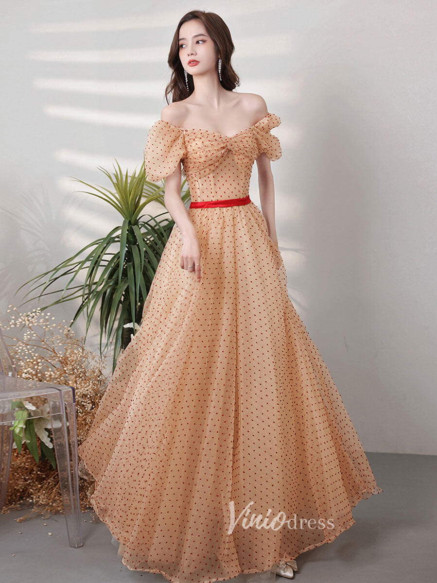 Prom Dress 2025 Champagne Dotted Tulle Prom Dresses Off the Shoulder Evening Dress FD3187B-unique prom dresses-Champagne-Custom Size-Viniodress