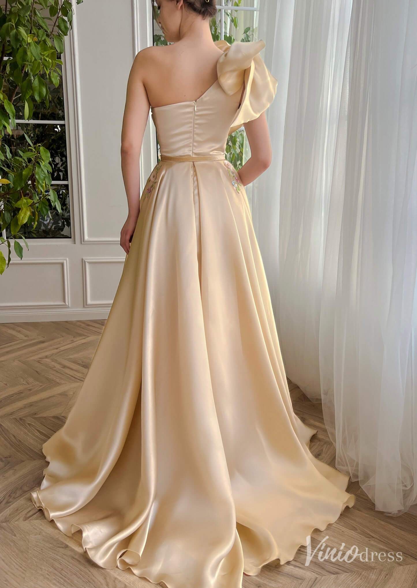 Champagne Floral Lace Satin Prom Dresses with Slit Pockets Bow One Shoulder TO002 - Viniodressprom dressesChampagneCustom Size - Formal Dresses - Ball Gowns