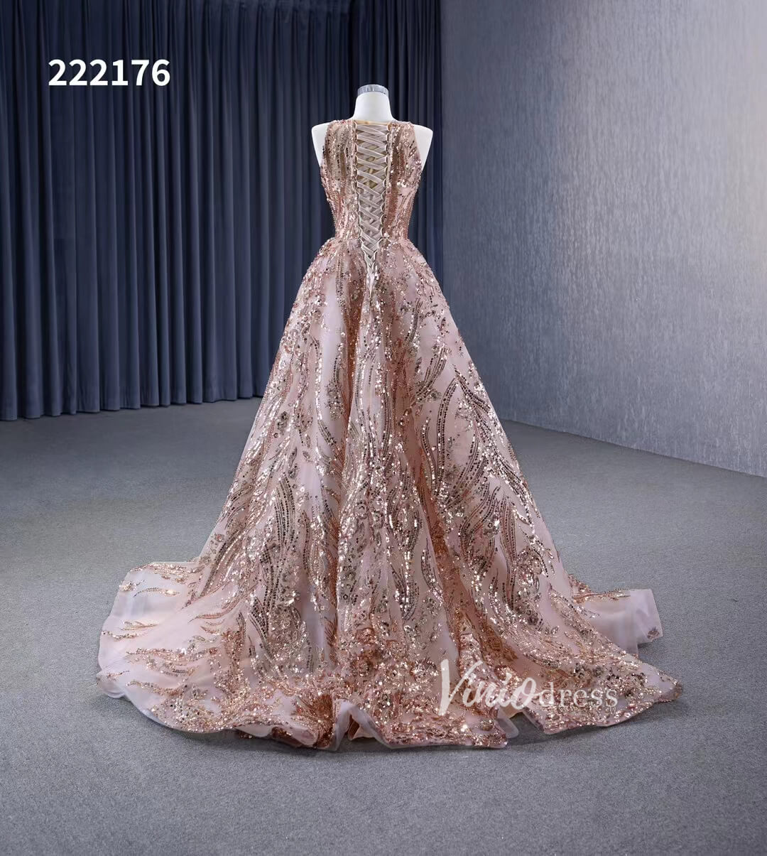 Prom Dress 2025 Champagne Gold Sequin Lace Prom Dresses Sleeveless Formal Dress 222176-unique prom dresses-Gold-Custom Size-Viniodress