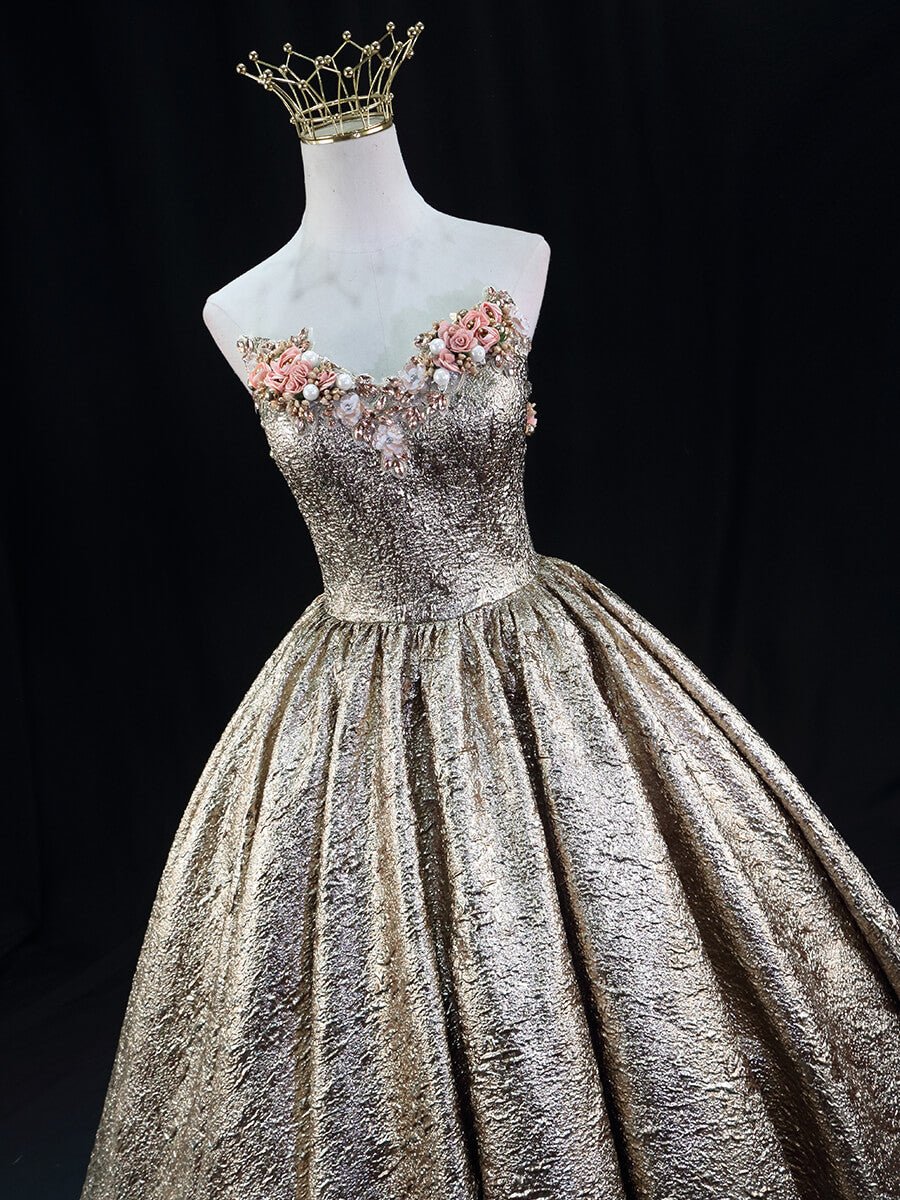 Champagne Jacquard Prom Dresses Floral Strapless Quinceanera Dresses SU022 - Viniodressprom dressesChampagneCustom Size - Formal Dresses - Ball Gowns