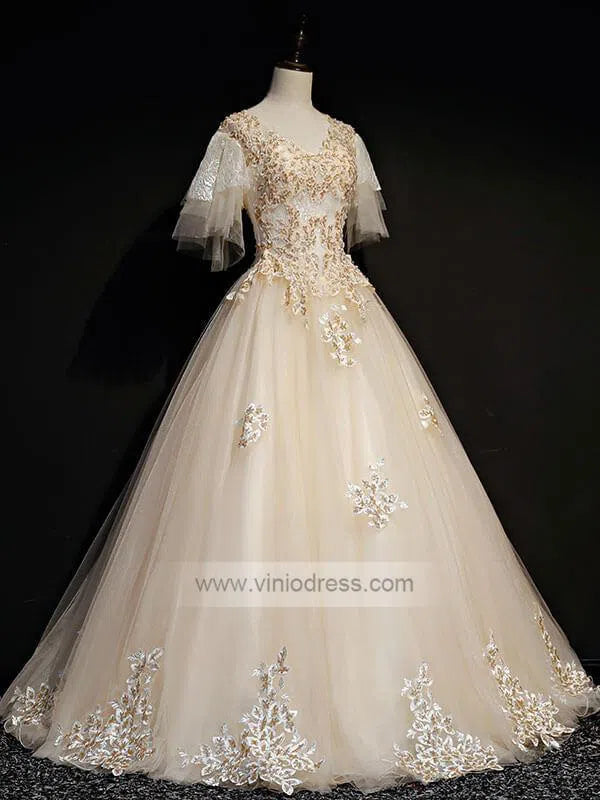 Prom Dress 2025 Champagne Lace Sweet 15 Dresses with Sleeves FD1458-unique prom dresses-Champagne-Custom Size-Viniodress