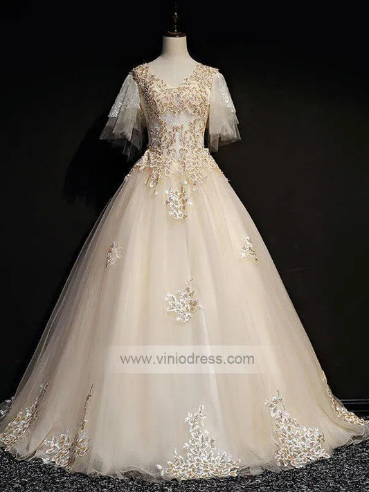 Prom Dress 2025 Champagne Lace Sweet 15 Dresses with Sleeves FD1458-unique prom dresses-Champagne-Custom Size-Viniodress