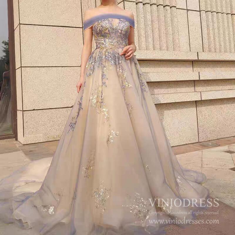 Prom Dress 2025 Champagne Long Prom Dresses Off the Shoulder Ball Gown 66957 Viniodress-unique prom dresses-Sleeveless-Champagne-Custom Size-Viniodress