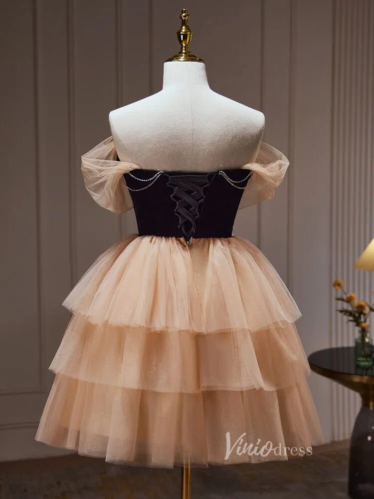 Champagne Ruffle Homecoming Dresses Off the Shoulder Velvet Bodice Beaded String BJ027 - Viniodressprom dressesChampagneCustom Size - Formal Dresses - Ball Gowns