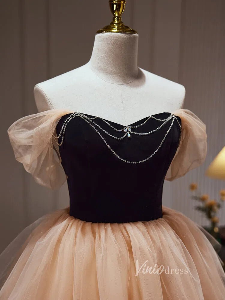 Champagne Ruffle Homecoming Dresses Off the Shoulder Velvet Bodice Beaded String BJ027 - Viniodressprom dressesChampagneCustom Size - Formal Dresses - Ball Gowns