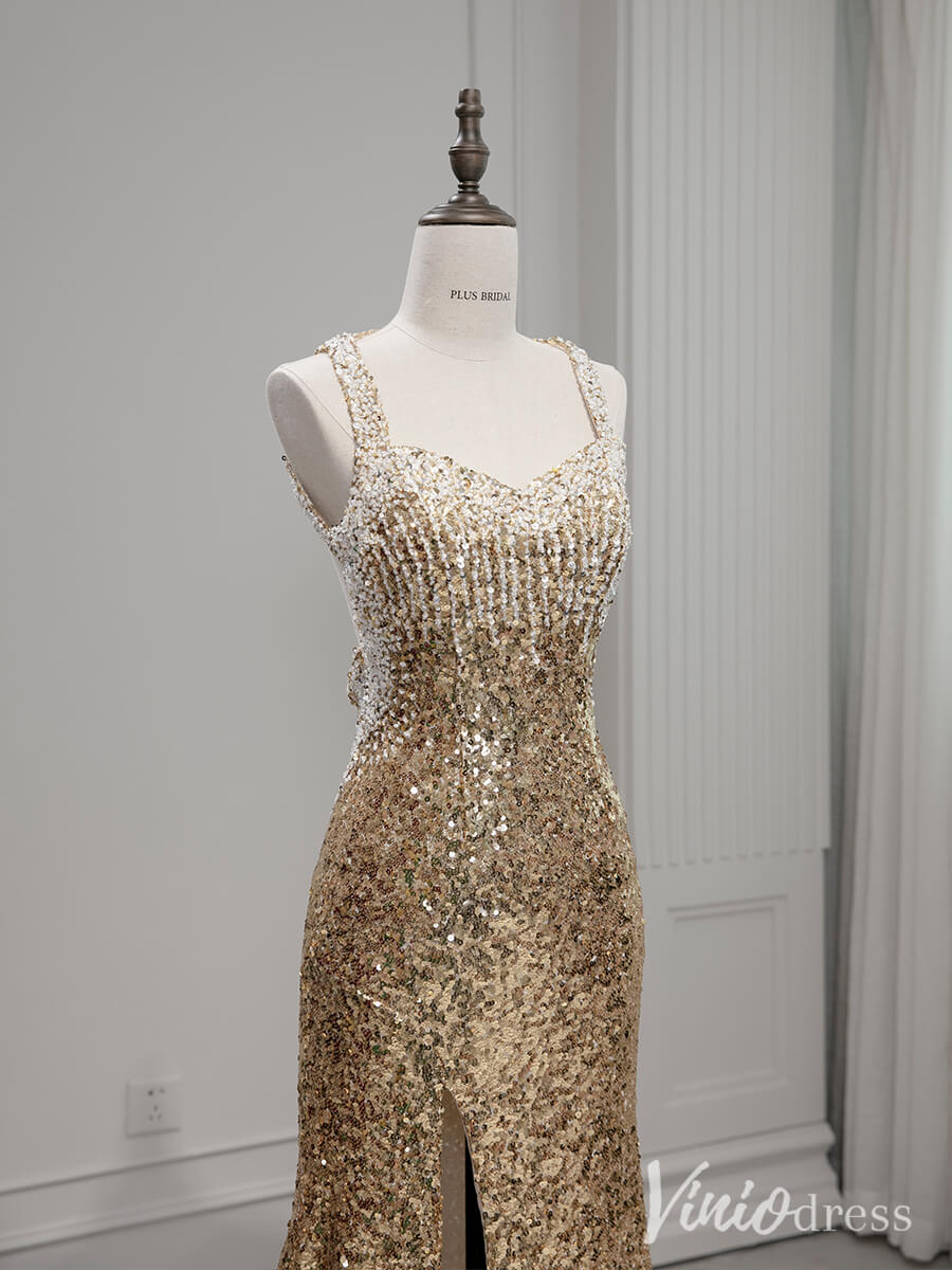 Prom Dress 2025 Champagne Sequin Mermaid Prom Dresses with Slit Sparkly Evening Dress AD1325-unique prom dresses-Champagne-Custom Size-Viniodress