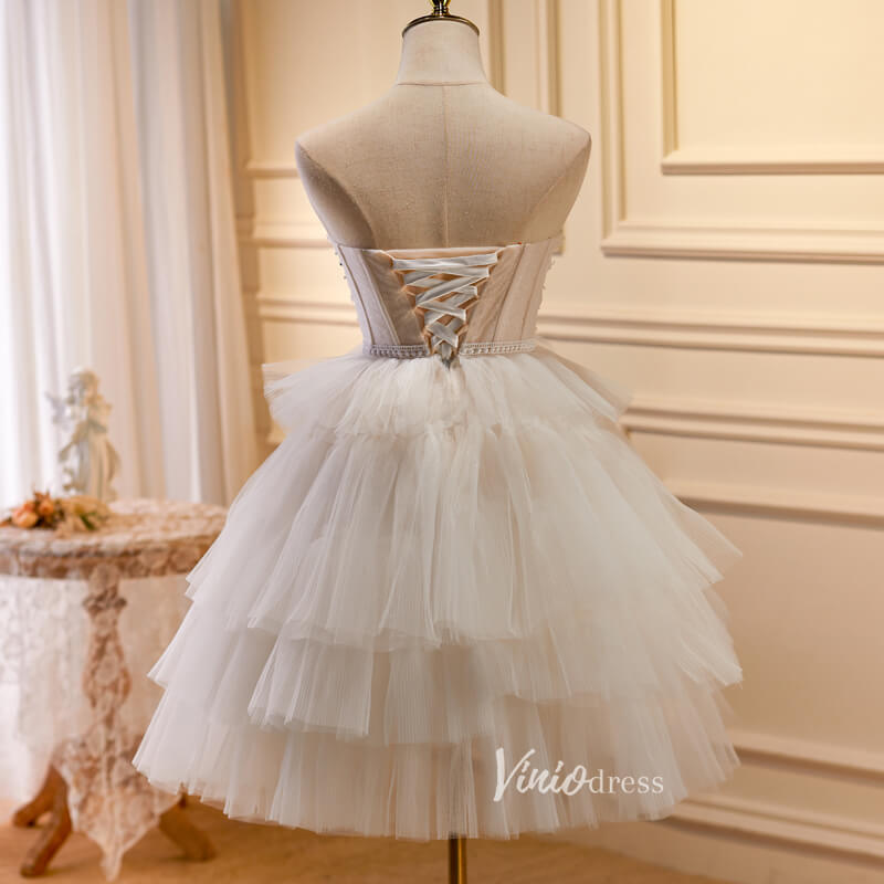 Short Prom Dresses 2025 Champagne Tulle Homecoming Dresses Strapless Short Prom Dress SD1582-prom dresses-Viniodress-Champagne-Custom Size-Viniodress