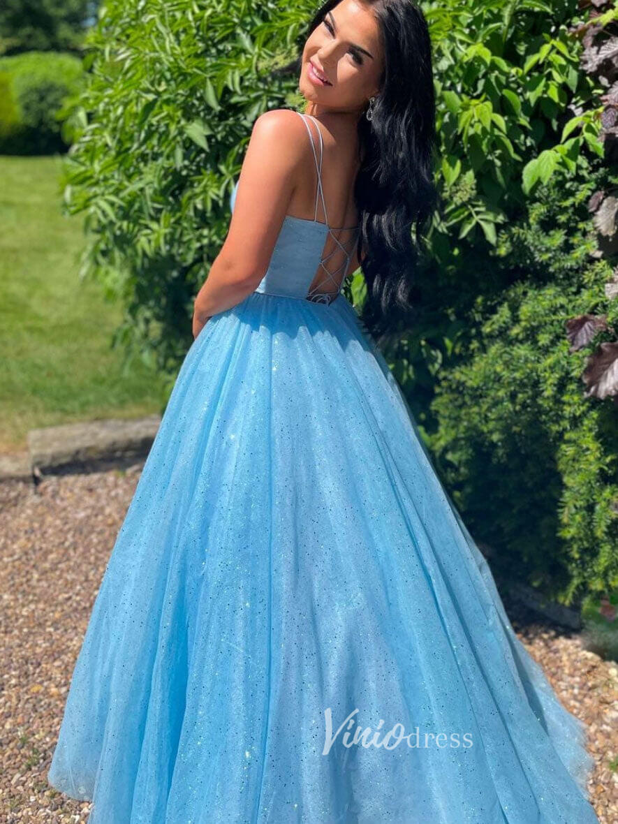 Prom Dress 2025 Champagne Tulle Spaghetti Strap Prom Dresses with Pockets FD3077-unique prom dresses-Blue-Custom Size-Viniodress