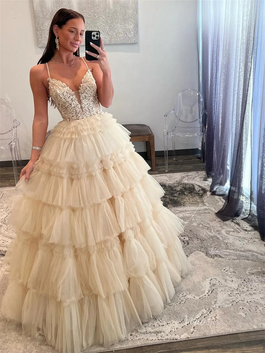 prom dresses 2025 Champagne Tulle Tiered Prom Dresses with Spaghetti Strap, Plunging V-Neck & Lace Bodice - FD3749-plus size wedding dresses Viniodress-Champagne-Custom Size-