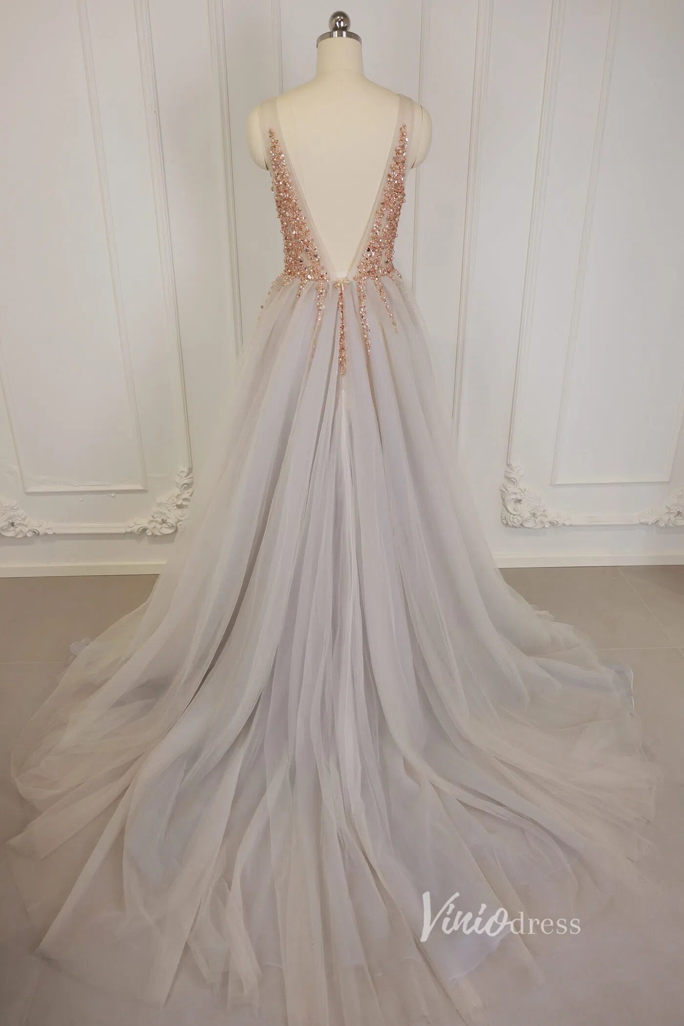 Prom Dress 2025 Champagne V-neck Formal Dresses Beading Sexy Prom Dress Viniodress FD1293-unique prom dresses-Grey-Custom Size-Viniodress