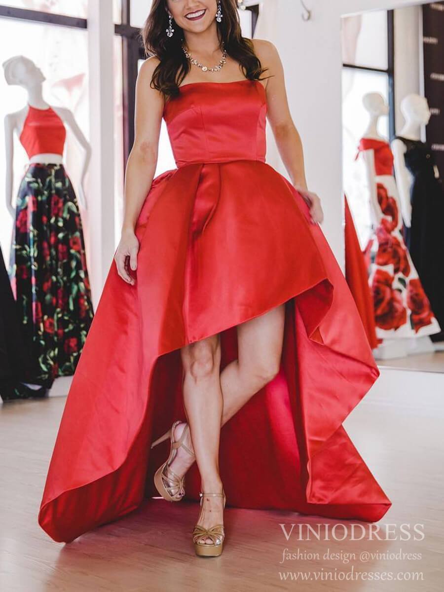 Prom Dress 2025 Cheap Simple High Low Red Satin Prom Dresses with Pockets FD2107-unique prom dresses-Red-Custom Size-Viniodress