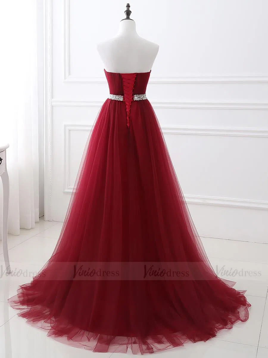 Prom Dress 2025 Cheap Strapless Burgundy Long Tulle Prom Dresses with Corset Back FD1623-unique prom dresses-Burgundy-Custom Size-Viniodress