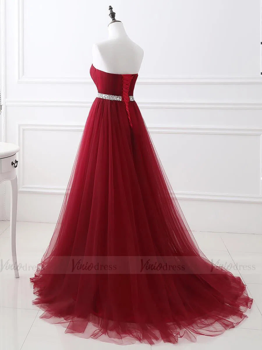 Prom Dress 2025 Cheap Strapless Burgundy Long Tulle Prom Dresses with Corset Back FD1623-unique prom dresses-Burgundy-Custom Size-Viniodress