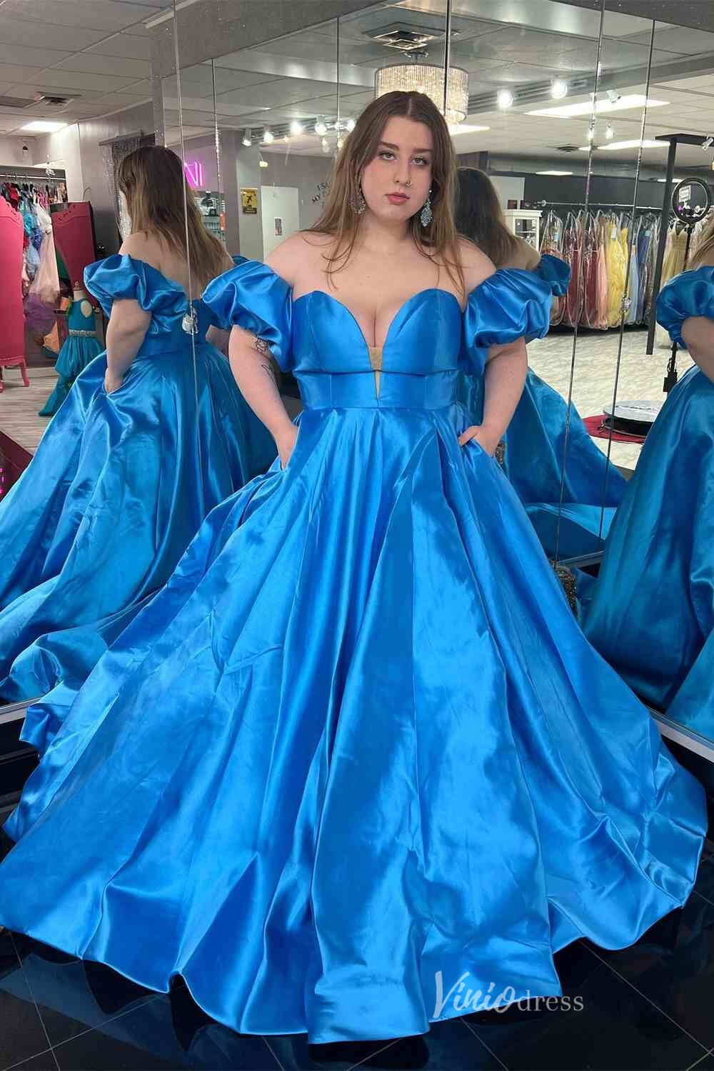 Prom Dress 2025 Cheap Strapless Satin Prom Dresses with Slit, Removable Puffed Sleeve FD4092-unique prom dresses-Light Blue-Custom Size-Viniodress