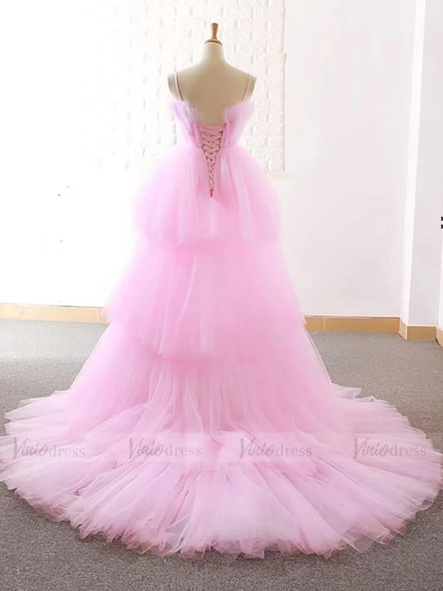 Prom Dress 2025 Chic Spaghetti Strap Pink High Low Prom Dresses FD1472-unique prom dresses-Pink-Custom Size-Viniodress