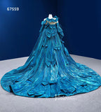 Prom Dress 2025 Convertible Peacock Pageant Dresses Detachable Cape Wedding Gown 67559-unique prom dresses-Blue-Custom Size-Viniodress