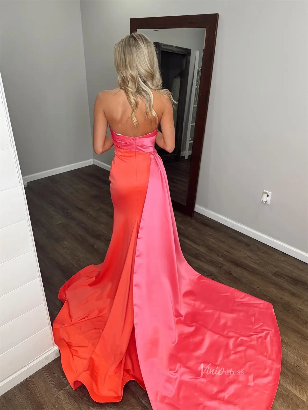 Coral Satin Sheath Prom Dresses with Pink Overskirt & Slit - FD6048 - Viniodressprom dressesCoralCustom Size - Formal Dresses - Ball Gowns