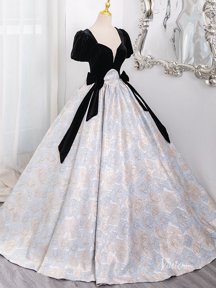 Cute Floral Print Jacquard Prom Ball Gown Puffed Sleeve Quinceanera Dresses BG014 - Viniodressprom dressesBlackCustom Size - Formal Dresses - Ball Gowns