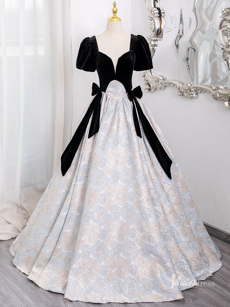 Cute Floral Print Jacquard Prom Ball Gown Puffed Sleeve Quinceanera Dresses BG014 - Viniodressprom dressesBlackCustom Size - Formal Dresses - Ball Gowns