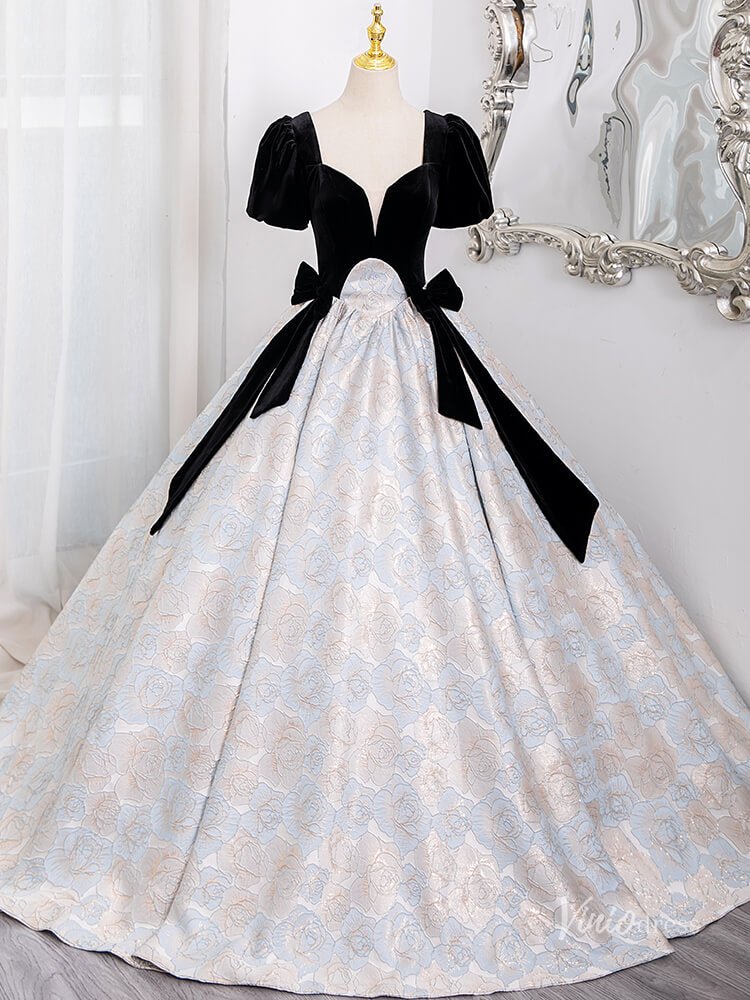 Cute Floral Print Jacquard Prom Ball Gown Puffed Sleeve Quinceanera Dresses BG014 - Viniodressprom dressesBlackCustom Size - Formal Dresses - Ball Gowns