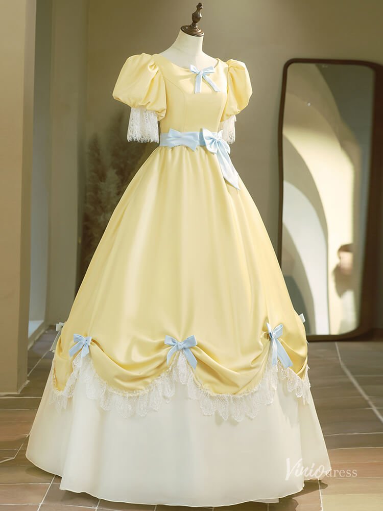 Cute Yellow Puffed Sleeve Prom Ball Gown Bow Tie Lace Quinceanera Dresses BG021 - Viniodressprom dressesYellowCustom Size - Formal Dresses - Ball Gowns