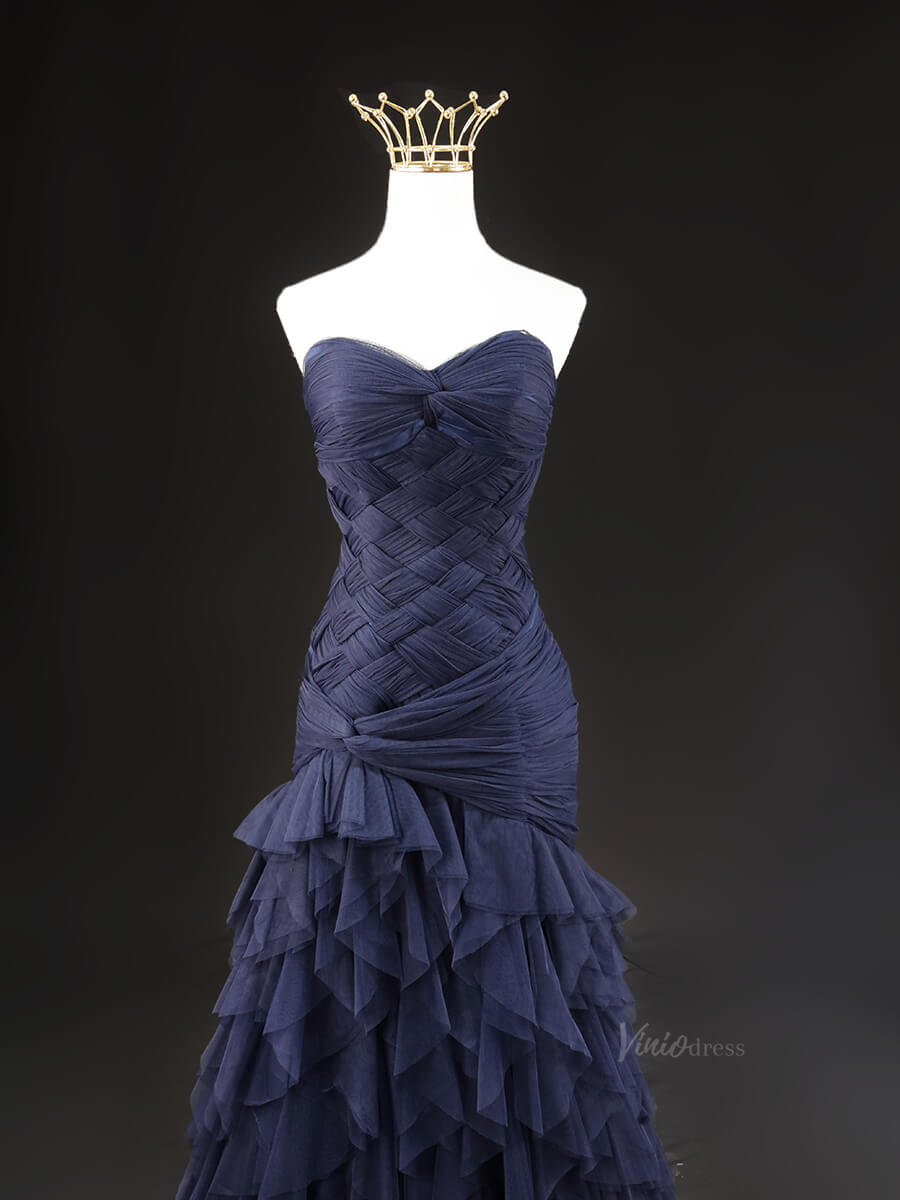 Dark Blue Ruffled Prom Dresses Strapless Sweetheart Neck Formal Dresses SU023 - Viniodressprom dressesBlueCustom Size - Formal Dresses - Ball Gowns