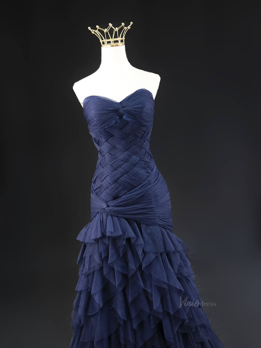 Dark Blue Ruffled Prom Dresses Strapless Sweetheart Neck Formal Dresses SU023 - Viniodressprom dressesBlueCustom Size - Formal Dresses - Ball Gowns