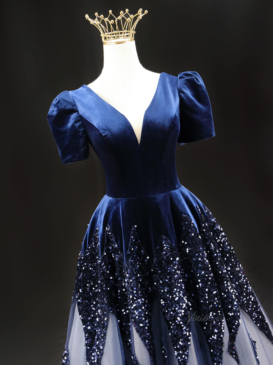 Dark Blue Sequin Tulle Prom Dresses with Puffed Sleeve, V - Neck, Velvet Bodice, Quinceanera Dresses SU025 - Viniodressprom dressesBlueCustom Size - Formal Dresses - Ball Gowns