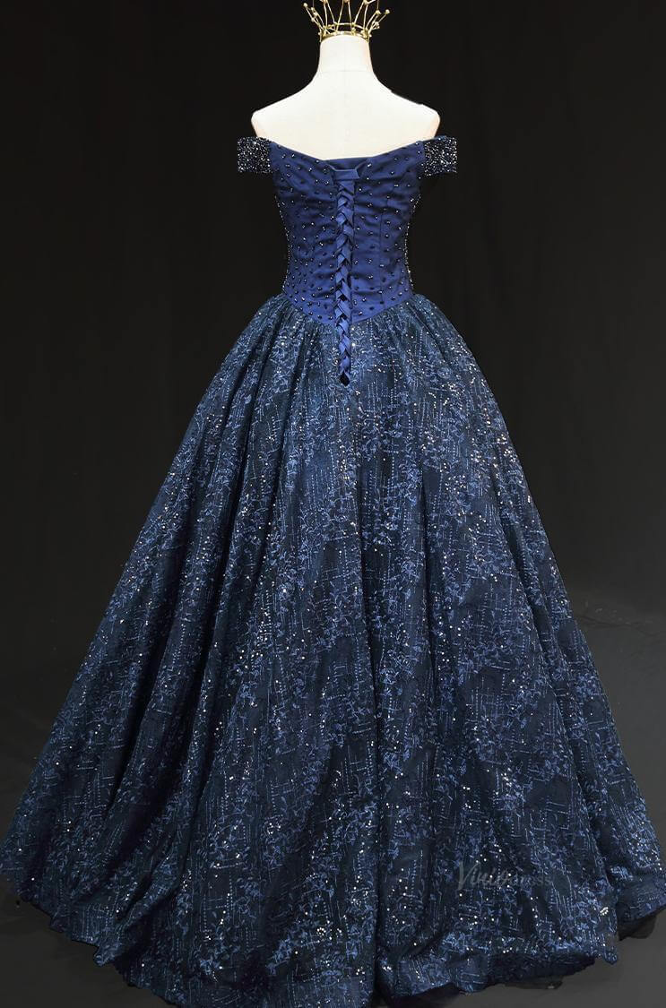 Dark Blue Sparkly Lace Prom Dresses with Beaded Bodice, Off the Shoulder Quinceanera Dresses SU010 - Viniodressprom dressesBlueCustom Size - Formal Dresses - Ball Gowns