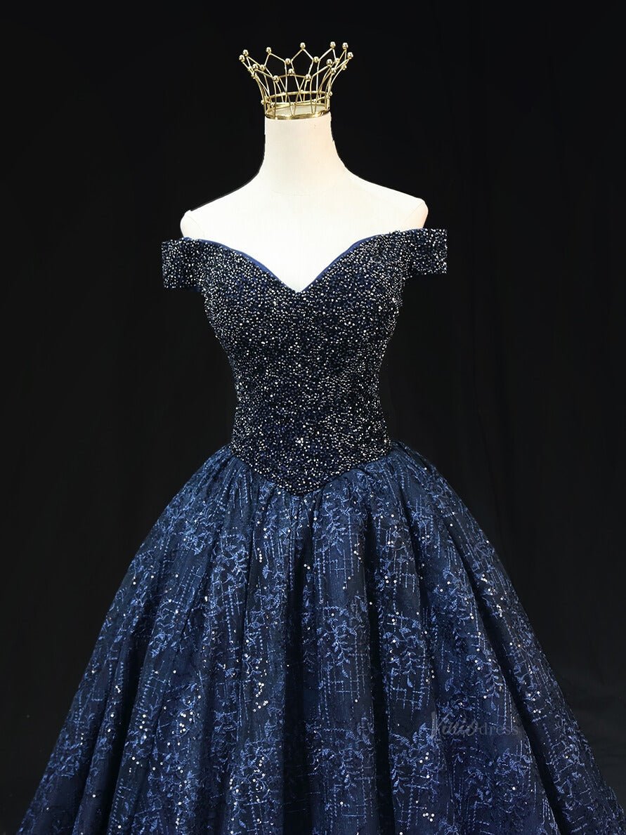 Dark Blue Sparkly Lace Prom Dresses with Beaded Bodice, Off the Shoulder Quinceanera Dresses SU010 - Viniodressprom dressesBlueCustom Size - Formal Dresses - Ball Gowns