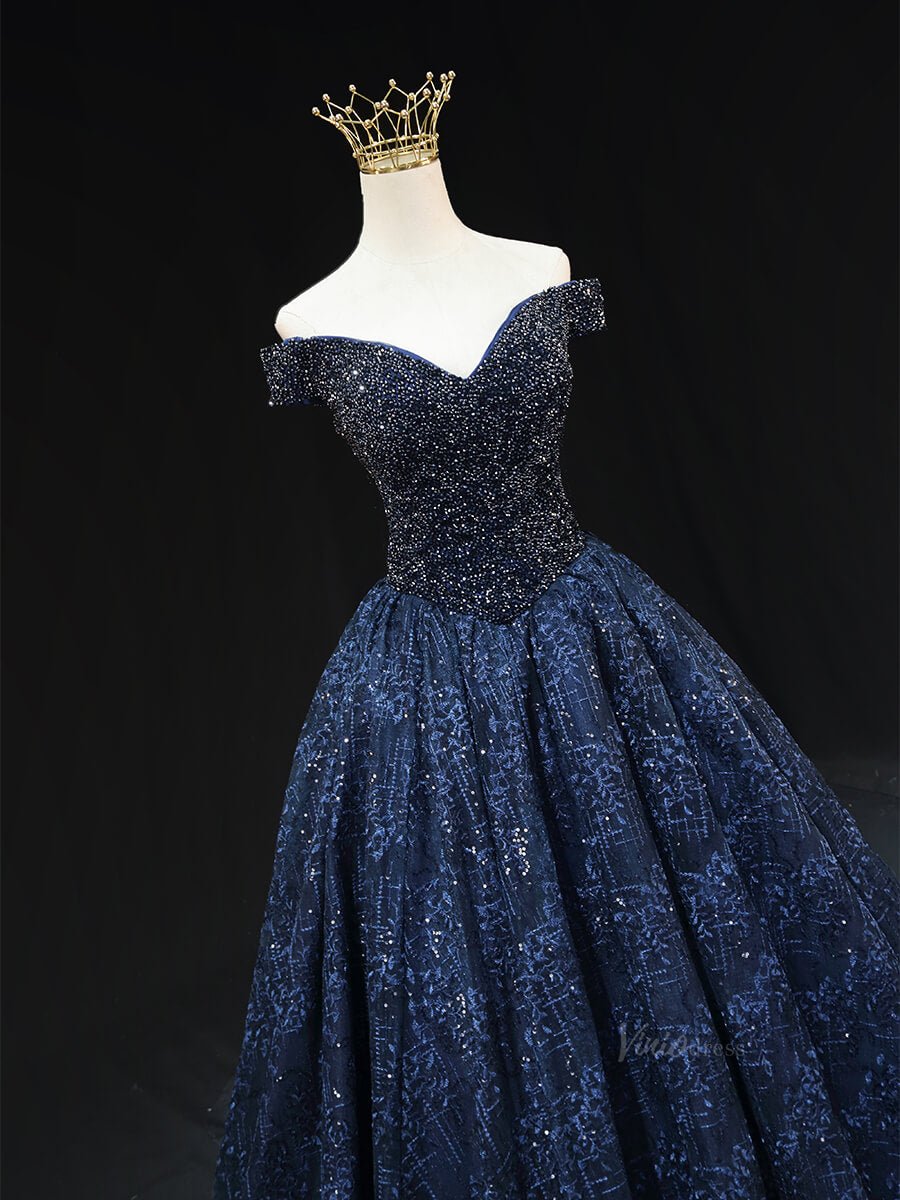 Dark Blue Sparkly Lace Prom Dresses with Beaded Bodice, Off the Shoulder Quinceanera Dresses SU010 - Viniodressprom dressesBlueCustom Size - Formal Dresses - Ball Gowns