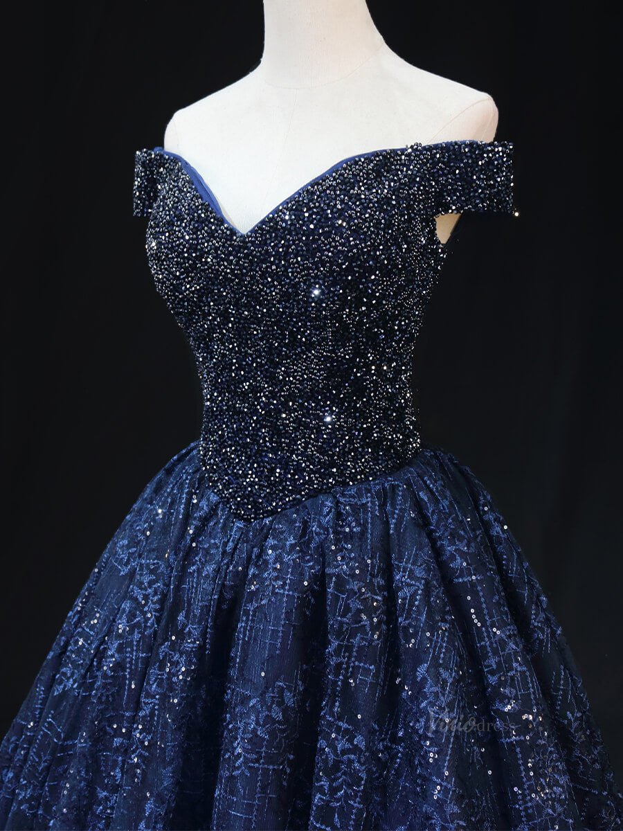 Dark Blue Sparkly Lace Prom Dresses with Beaded Bodice, Off the Shoulder Quinceanera Dresses SU010 - Viniodressprom dressesBlueCustom Size - Formal Dresses - Ball Gowns