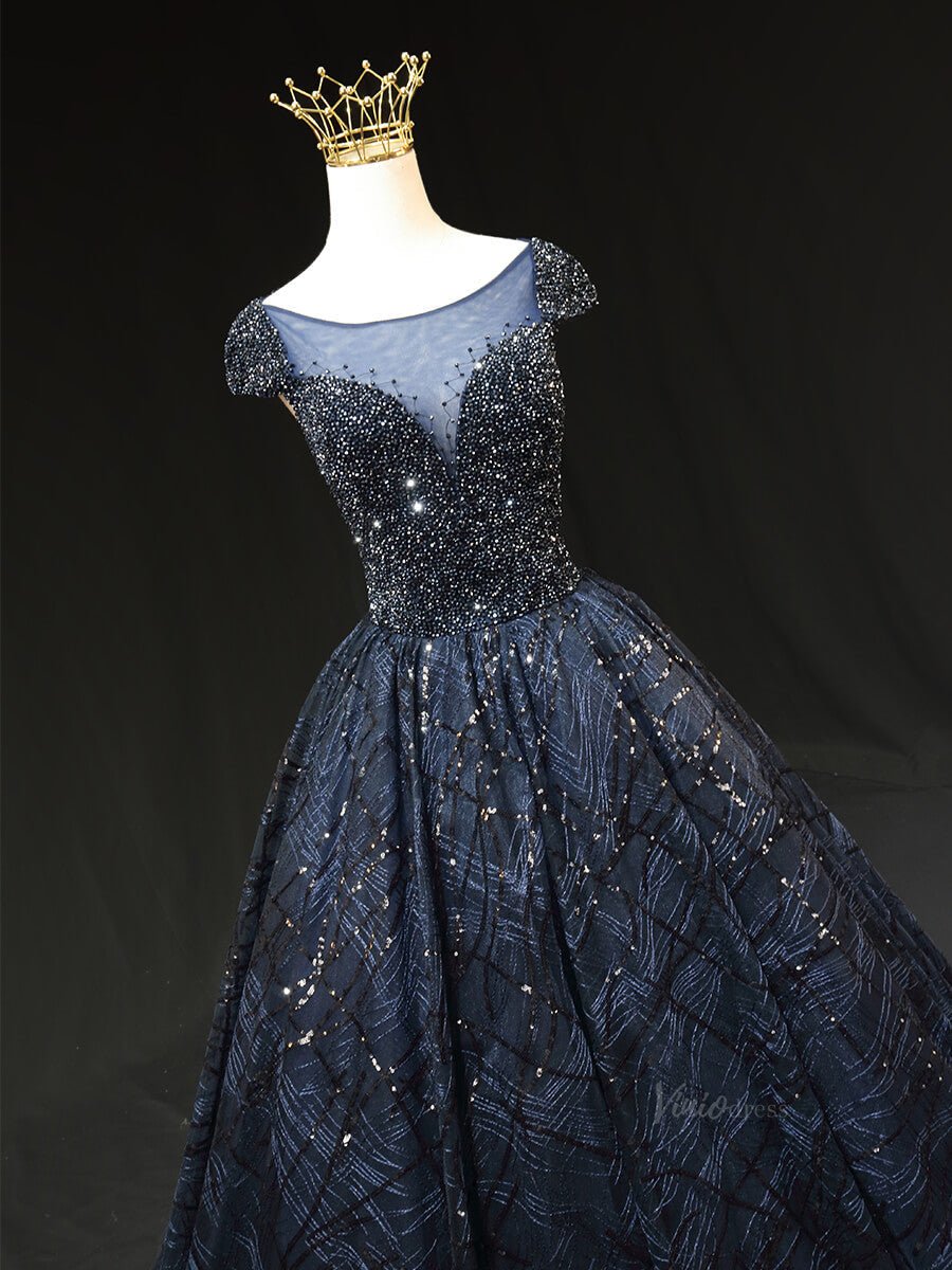 Dark Blue Sparkly Lace Prom Dresses with Cap Sleeve, Beaded Bodice, Boat Neck, Quinceanera Dresses SU009 - Viniodressprom dressesBlueCustom Size - Formal Dresses - Ball Gowns