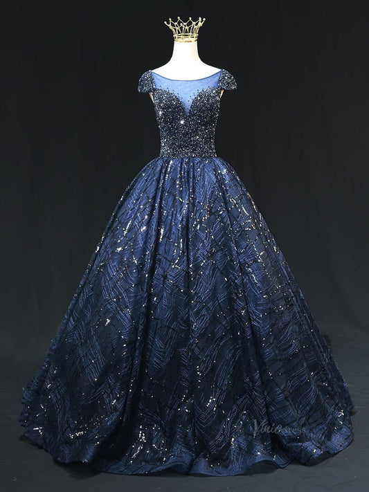 Dark Blue Sparkly Lace Prom Dresses with Cap Sleeve, Beaded Bodice, Boat Neck, Quinceanera Dresses SU009 - Viniodressprom dressesBlueCustom Size - Formal Dresses - Ball Gowns