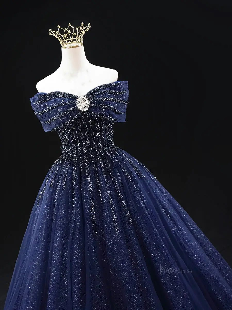 Dark Blue Sparkly Tulle Prom Dresses with Beaded Bodice, Off the Shoulder Quinceanera Dresses SU040 - Viniodressprom dressesBlueCustom Size - Formal Dresses - Ball Gowns