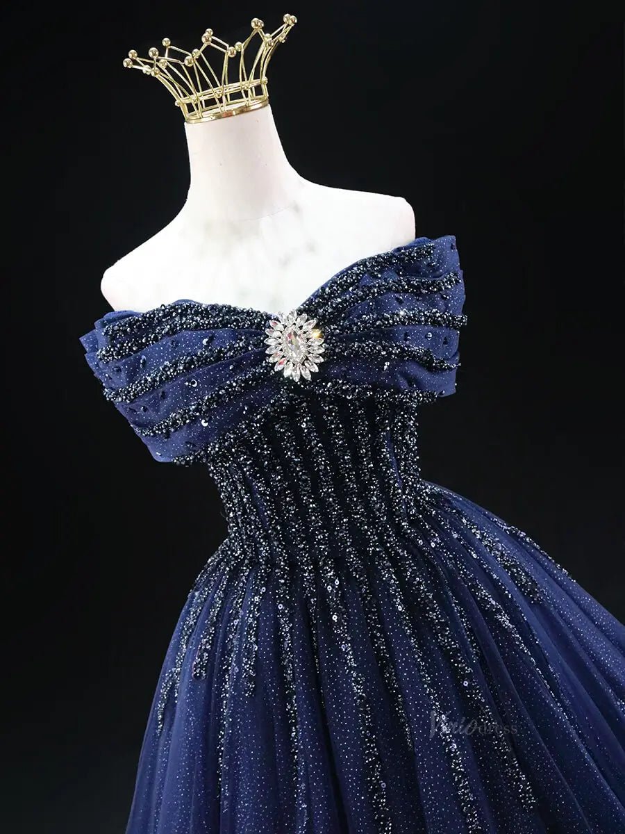 Dark Blue Sparkly Tulle Prom Dresses with Beaded Bodice, Off the Shoulder Quinceanera Dresses SU040 - Viniodressprom dressesBlueCustom Size - Formal Dresses - Ball Gowns