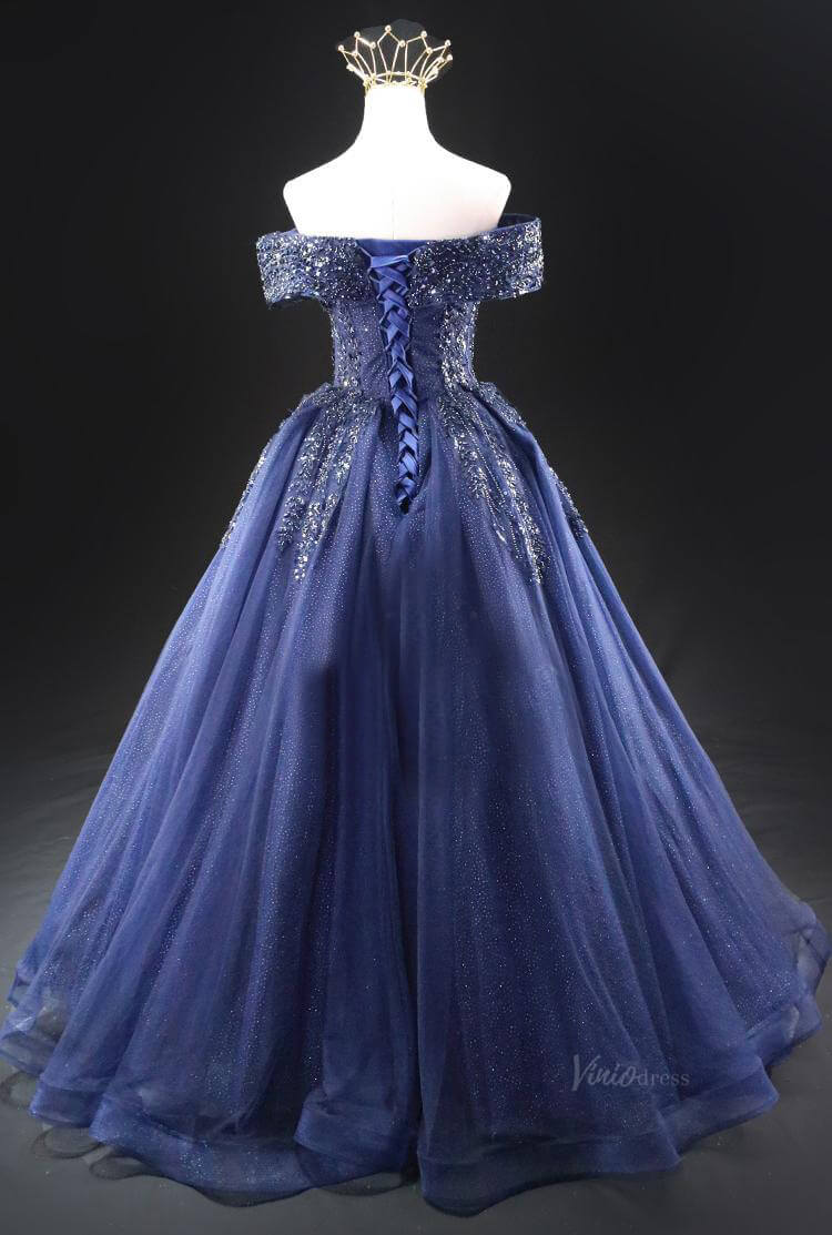 Dark Blue Sparkly Tulle Prom Dresses with Beaded Lace, Off the Shoulder Quinceanera Dresses SU004 - Viniodressprom dressesBlueCustom Size - Formal Dresses - Ball Gowns