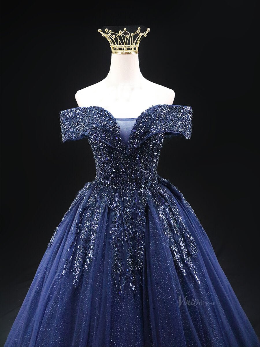 Dark Blue Sparkly Tulle Prom Dresses with Beaded Lace, Off the Shoulder Quinceanera Dresses SU004 - Viniodressprom dressesBlueCustom Size - Formal Dresses - Ball Gowns