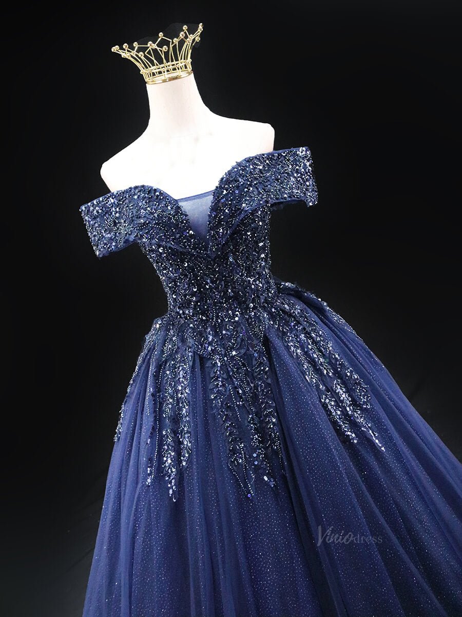 Dark Blue Sparkly Tulle Prom Dresses with Beaded Lace, Off the Shoulder Quinceanera Dresses SU004 - Viniodressprom dressesBlueCustom Size - Formal Dresses - Ball Gowns