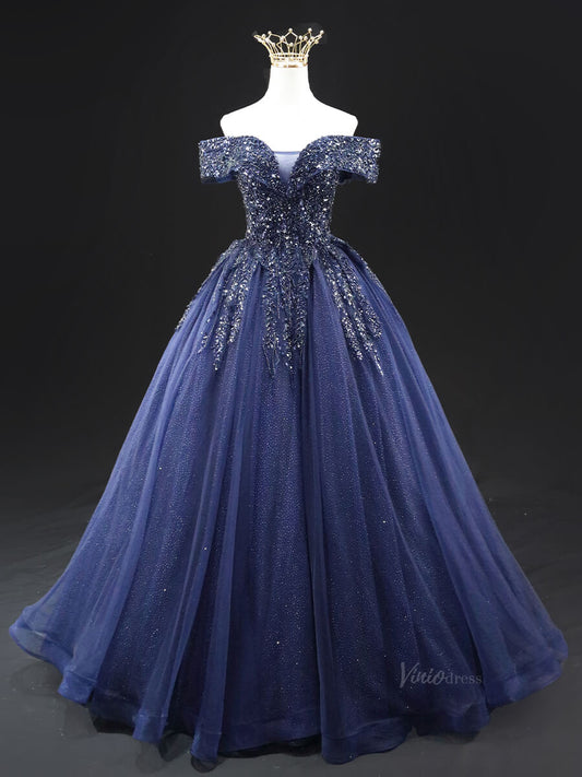 Dark Blue Sparkly Tulle Prom Dresses with Beaded Lace, Off the Shoulder Quinceanera Dresses SU004 - Viniodressprom dressesBlueCustom Size - Formal Dresses - Ball Gowns