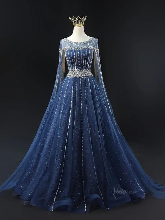 Dark Blue Sparkly Tulle Prom Dresses with Cape Sleeve, Boat Neck, Beaded Quince Dresses SU066 - Viniodressprom dressesBlueCustom Size - Formal Dresses - Ball Gowns