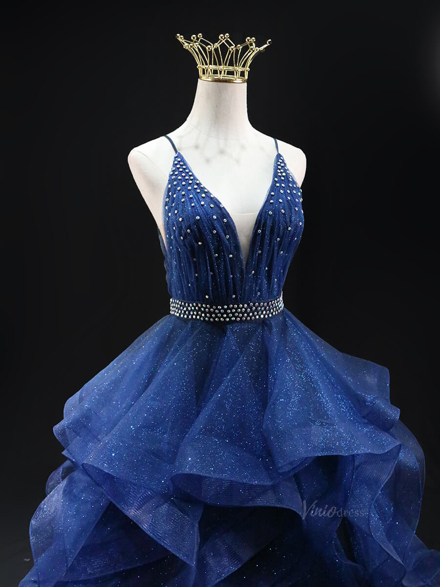 Dark Blue Sparkly Tulle Prom Dresses with Spaghetti Strap, V - Neck, Tiered, Quinceanera Dresses SU027 - Viniodressprom dressesBlueCustom Size - Formal Dresses - Ball Gowns