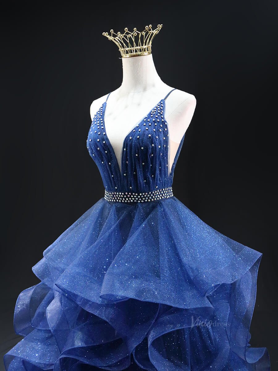 Dark Blue Sparkly Tulle Prom Dresses with Spaghetti Strap, V - Neck, Tiered, Quinceanera Dresses SU027 - Viniodressprom dressesBlueCustom Size - Formal Dresses - Ball Gowns