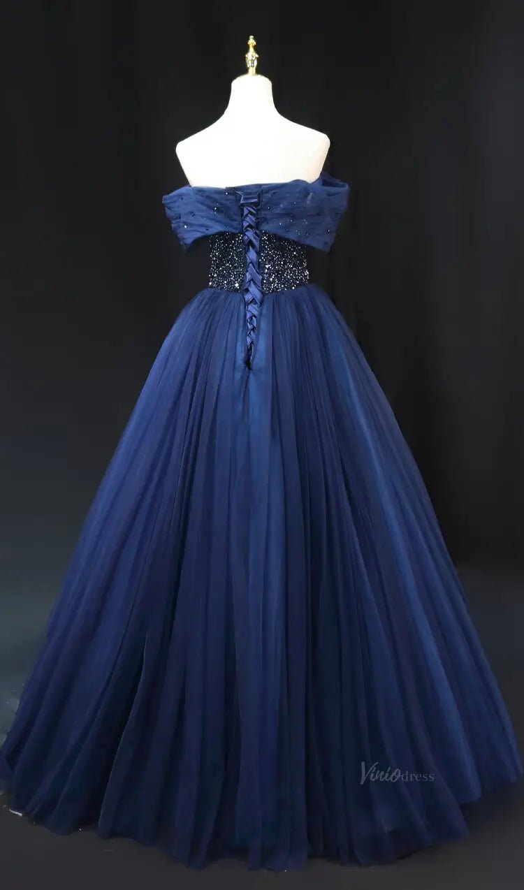 Dark Blue Tulle Prom Dresses with Overskirt, Off the Shoulder, Beaded Formal Dresses SU055 - Viniodressprom dressesBlueCustom Size - Formal Dresses - Ball Gowns