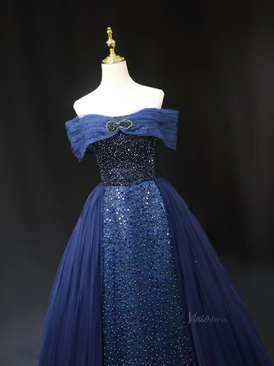 Dark Blue Tulle Prom Dresses with Overskirt, Off the Shoulder, Beaded Formal Dresses SU055 - Viniodressprom dressesBlueCustom Size - Formal Dresses - Ball Gowns