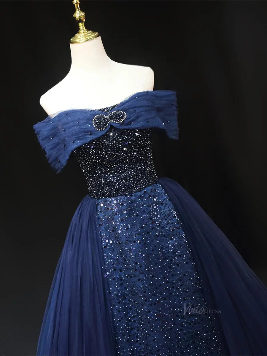 Dark Blue Tulle Prom Dresses with Overskirt, Off the Shoulder, Beaded Formal Dresses SU055 - Viniodressprom dressesBlueCustom Size - Formal Dresses - Ball Gowns