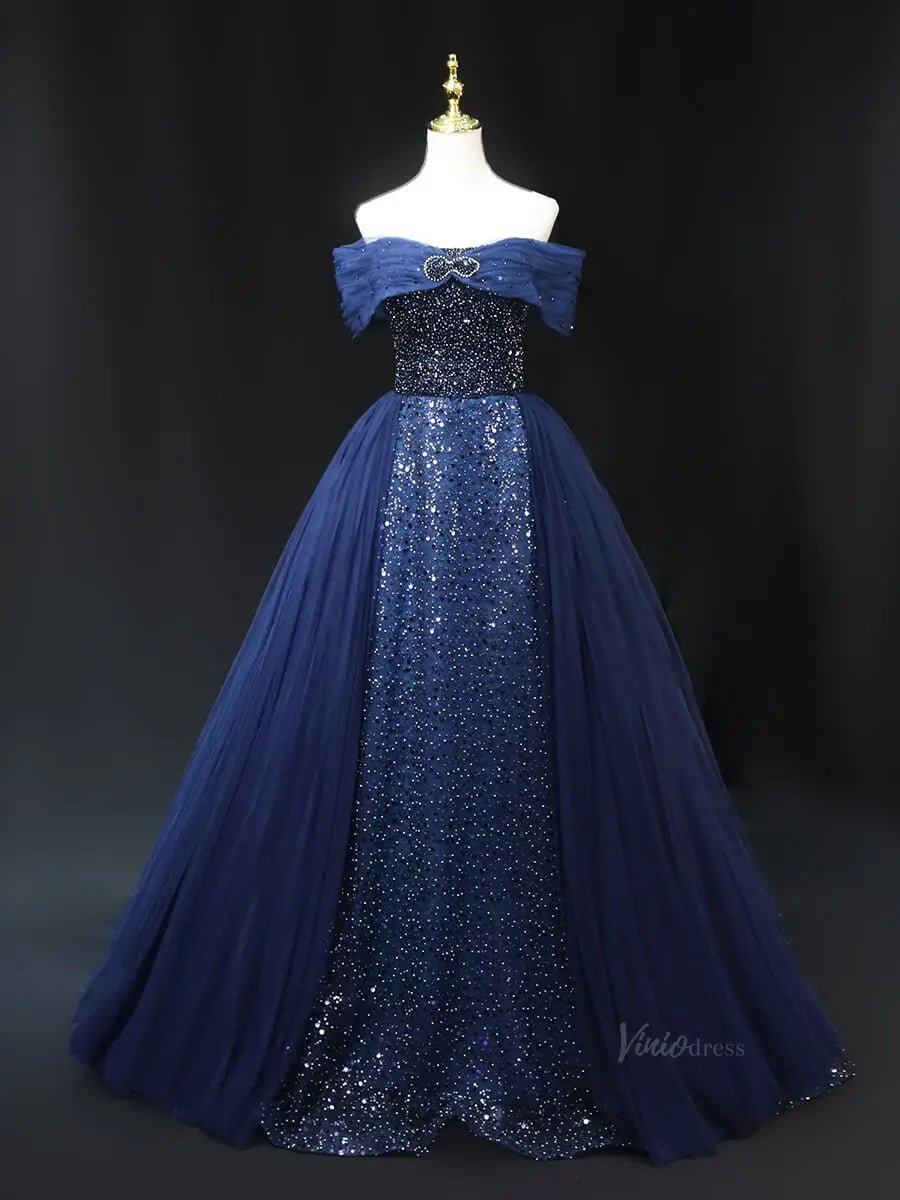 Dark Blue Tulle Prom Dresses with Overskirt, Off the Shoulder, Beaded Formal Dresses SU055 - Viniodressprom dressesBlueCustom Size - Formal Dresses - Ball Gowns