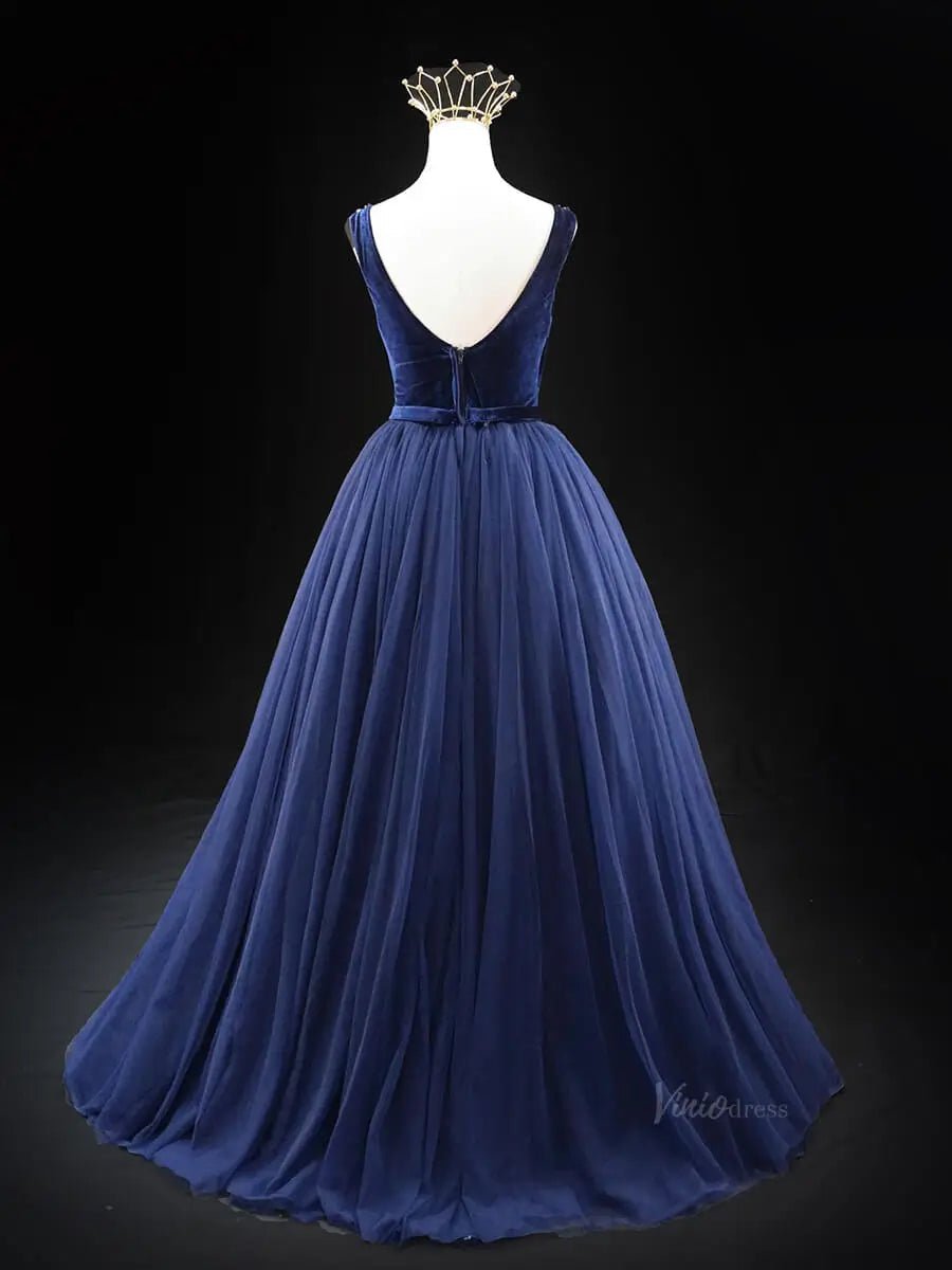 Dark Blue Tulle Prom Dresses with Velvet Bodice, Beaded Lace, Formal Dresses SU047 - Viniodressprom dressesBlueCustom Size - Formal Dresses - Ball Gowns